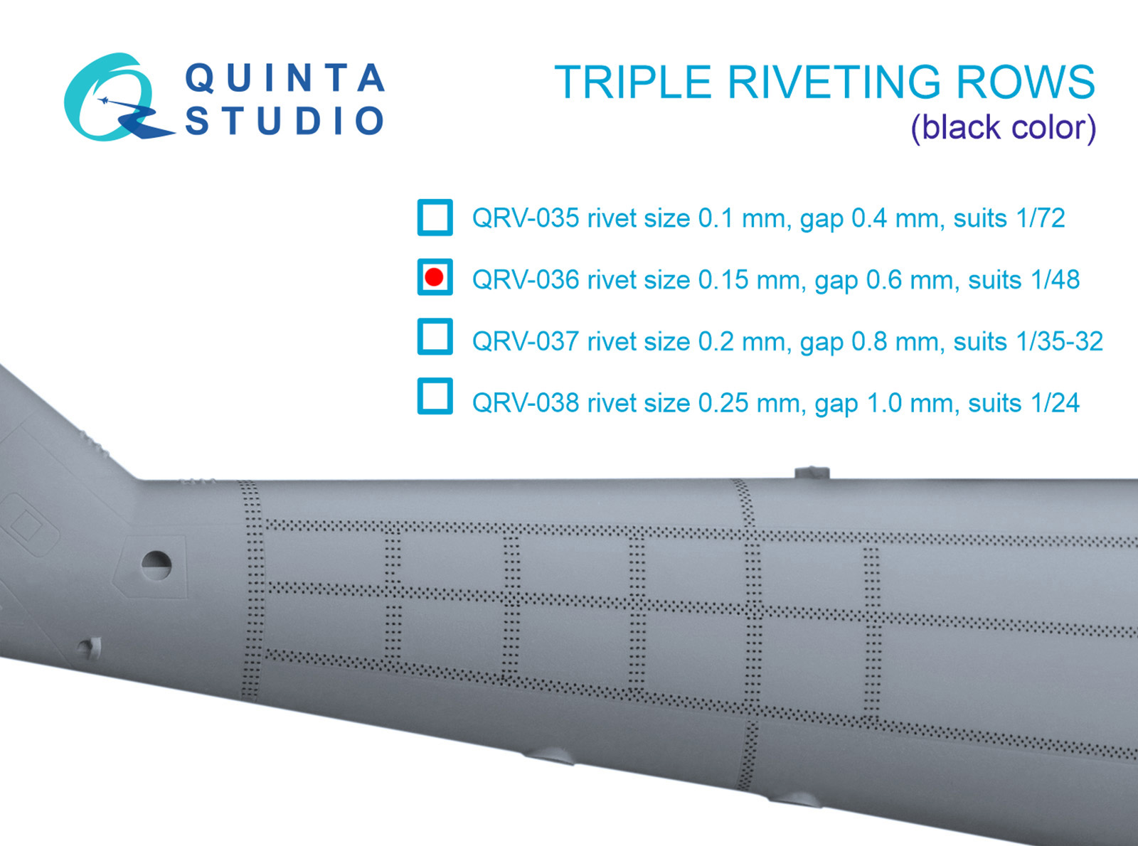 Triple riveting rows (rivet size 0.15 mm, gap 0.6 mm, suits 1/48 scale), Black color, total length 4.4 m/14 ft