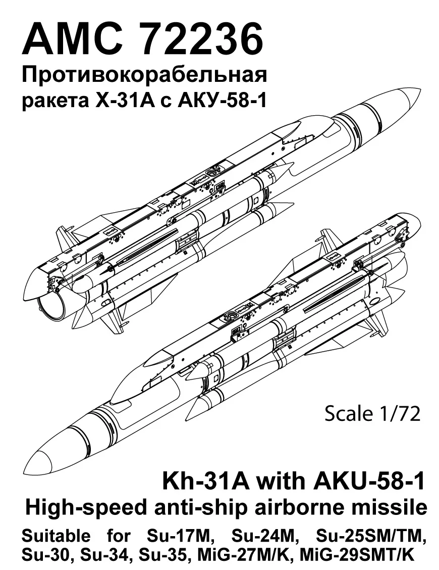 Additions (3D resin printing) 1/72 Aircraft guided missile Kh-31A with launcher AKU-58-1 (Advanced Modeling) 