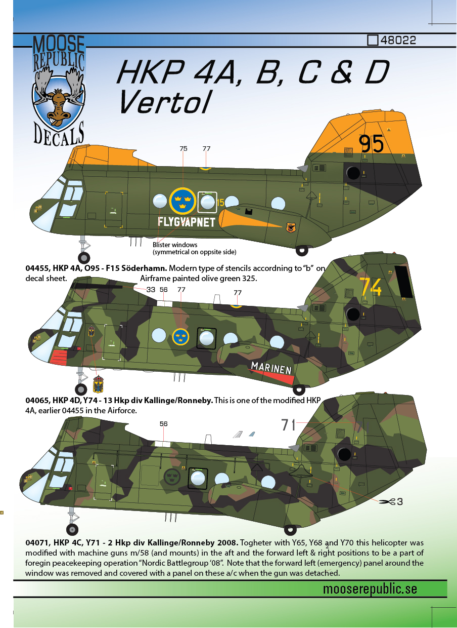 Decal 1/72 HKP 4A/B/C/D Vertol [Boeing UH-46B CH-46D Kawasaki KV-107]  (Moose Republic Decals)