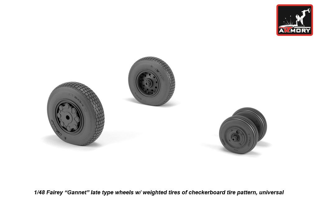 Additions (3D resin printing) 1/48 Fairey Gannet late type wheels with weighted tires of checkerboard Tyre/Tire pattern (designed to be used with Classic Airframe and Dynavector kits)[Airfix AS.1/AS.4]