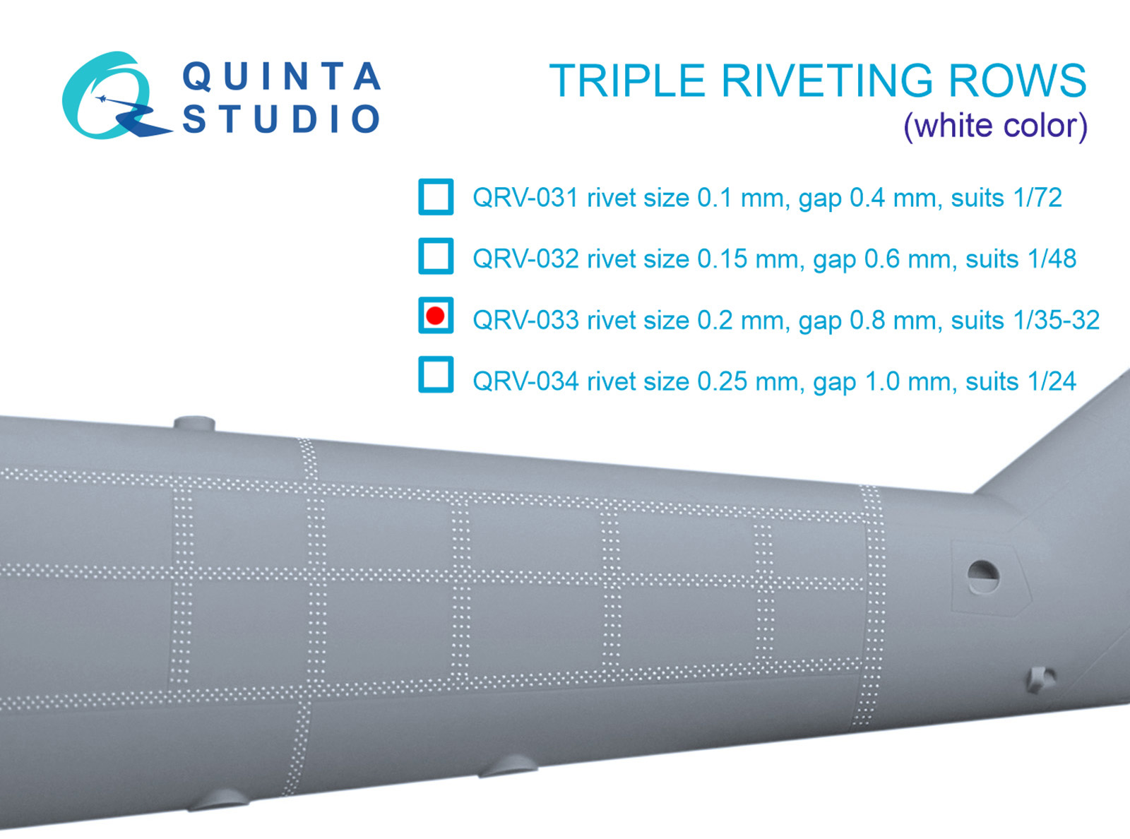 Triple riveting rows (rivet size 0.20 mm, gap 0.8 mm, suits 1/32 scale), White color, total length 3,7 m/12 ft