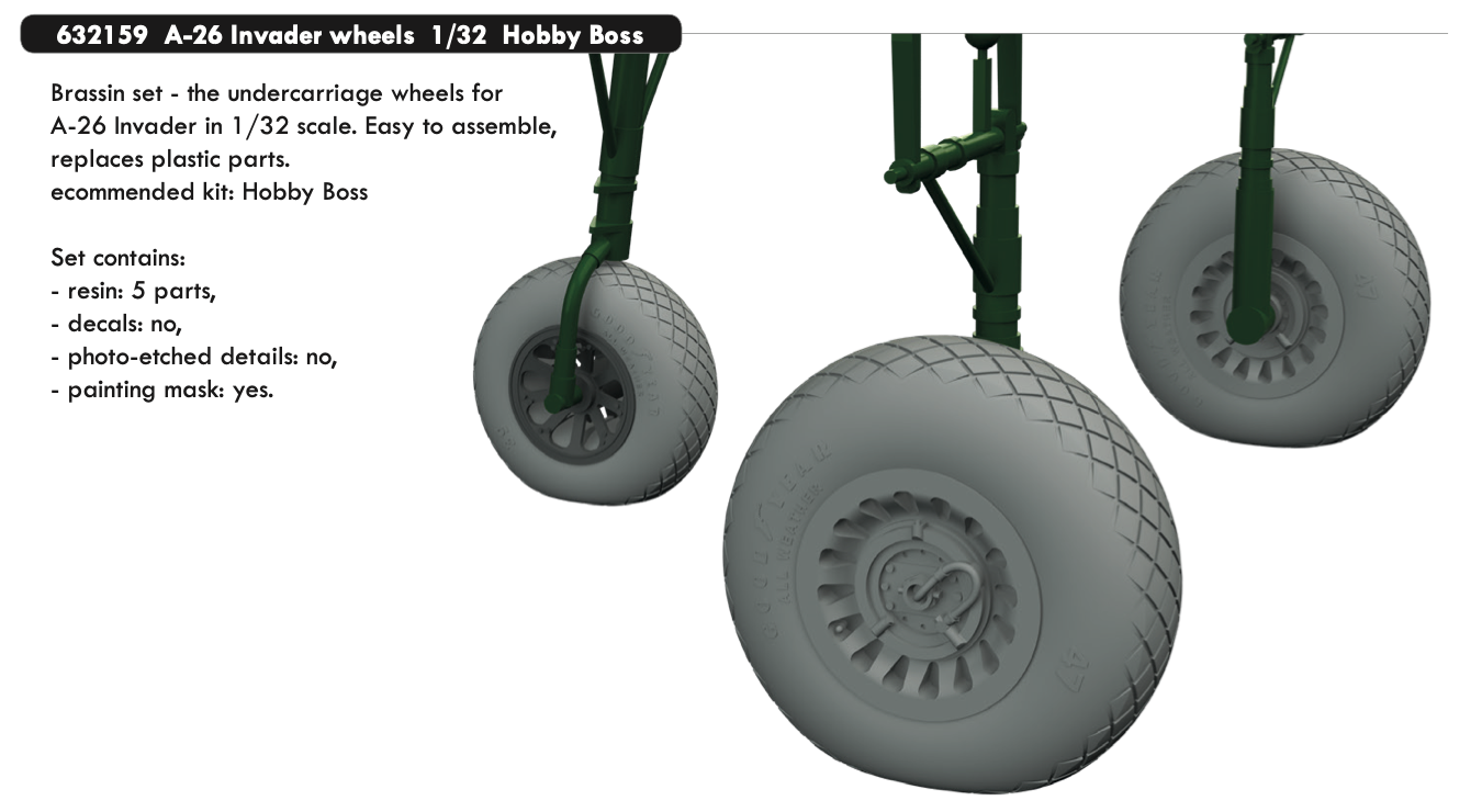 Additions (3D resin printing) 1/32 Douglas A-26B Invader wheels (designed to be used with Hobby Boss kits)