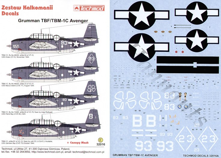 Decal 1/32 Grumman TBM-1C Avenger (4) (Techmod)