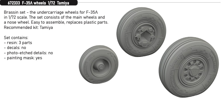 Additions (3D resin printing) 1/72 Lockheed-Martin F-35A Lightning II wheels (designed to be used with Tamiya kits)