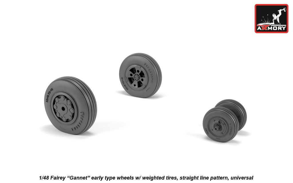 Additions (3D resin printing) 1/48  Fairey Gannet early type wheels with weighted tires of straight Tyre/Tire pattern (designed to be used with Classic Airframe and Dynavector kits)[Airfix AS.1/AS.4]