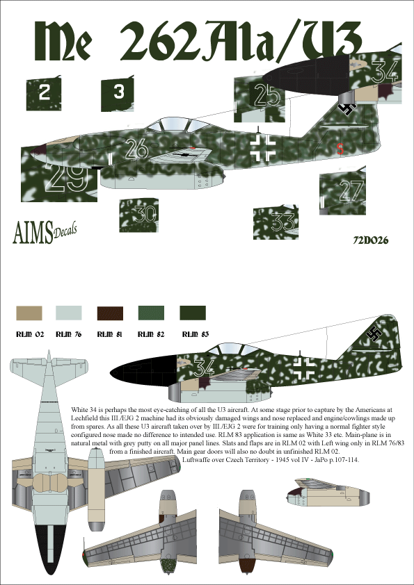 Decal 1/72 Messerschmitt Me-262A-1a/U3 (Aims)