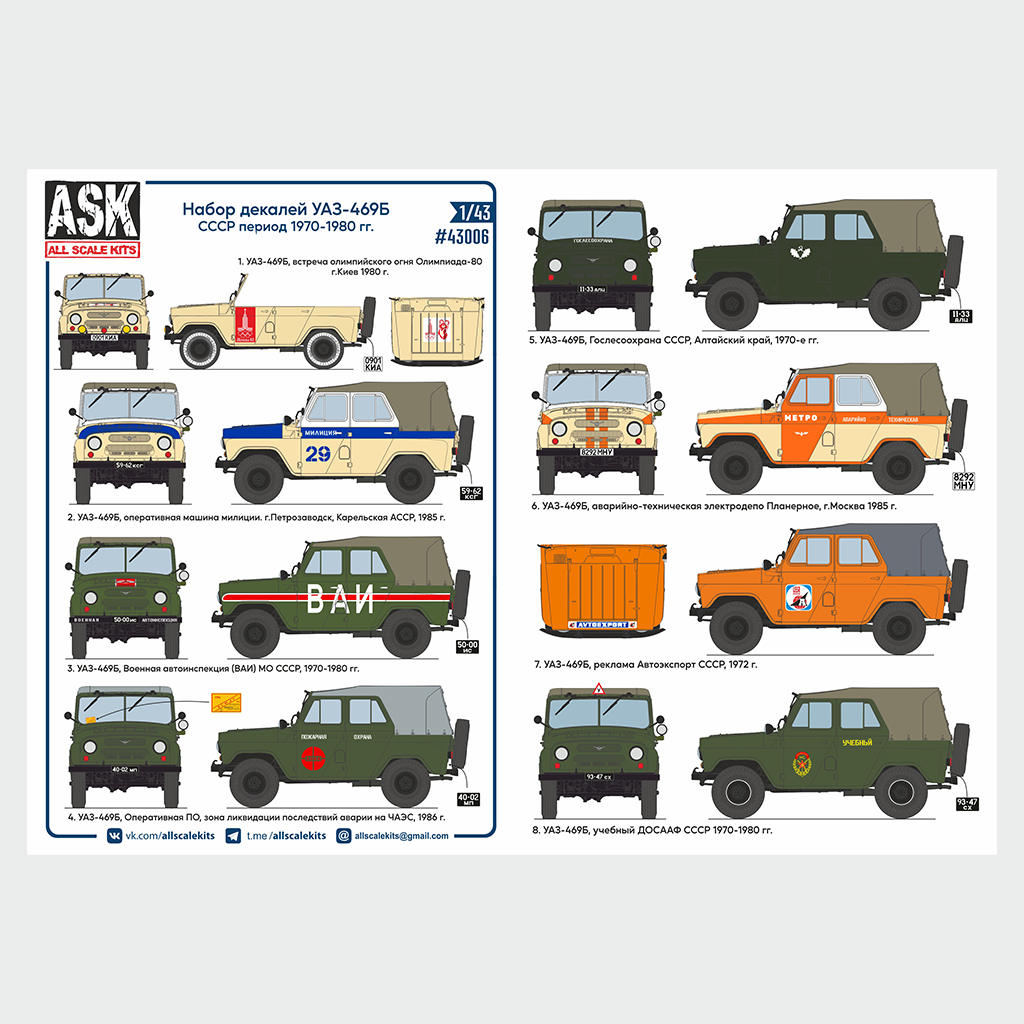 Decal 1/43 A set of decals for UAZ-469 - USSR 1970-1980. (ASK)