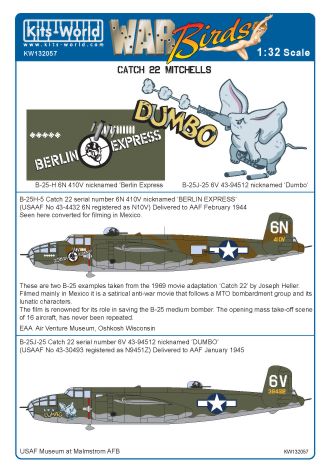 Decal 1/32 North-American B-25H-5 Catch 22 serial number 6N 410V nickname 'Berlin Express' (Kits-World)