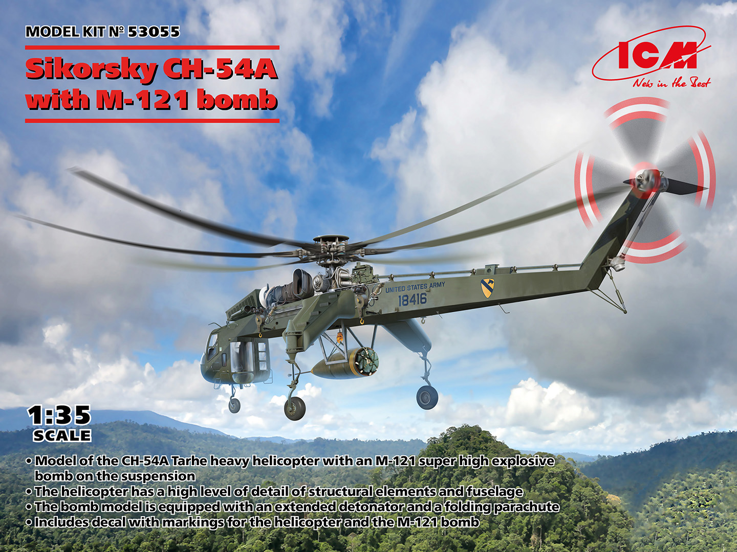Model kit 1/35 Sikorsky CH-54A Tarhe with BLU-82/B "Daisy Cutter" bomb (ICM)