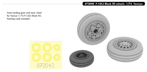 Additions (3D resin printing) 1/72 Lockheed-Martin F-16CJ Block 50 Fighting Falcon wheels with weighted tyre effect (designed to be used with Tamiya kits) 